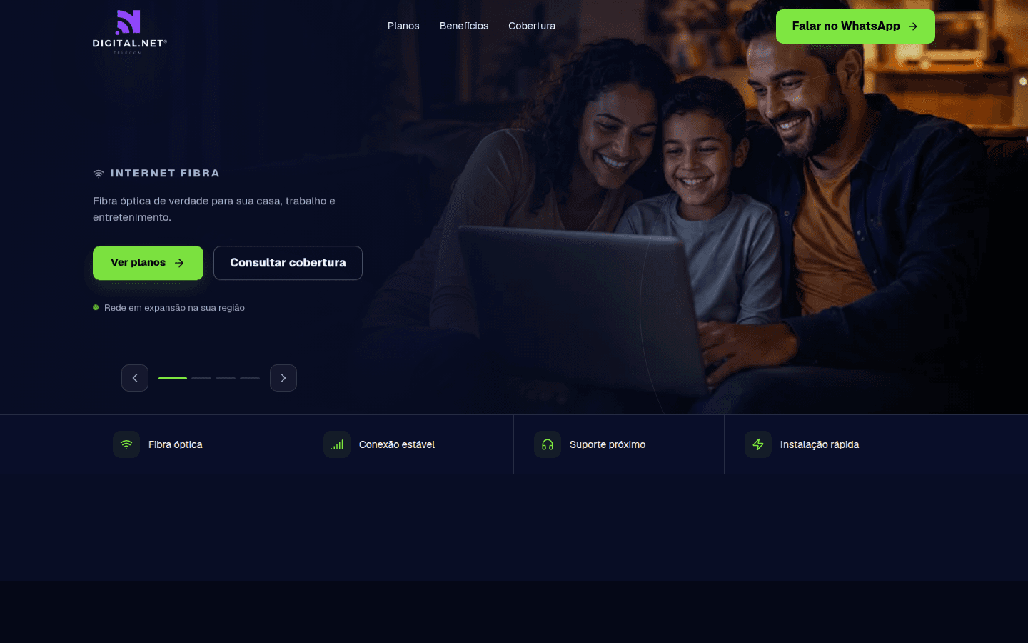 Nova tela inicial da Digital.Net Telecom com oferta de fibra e TV por assinatura