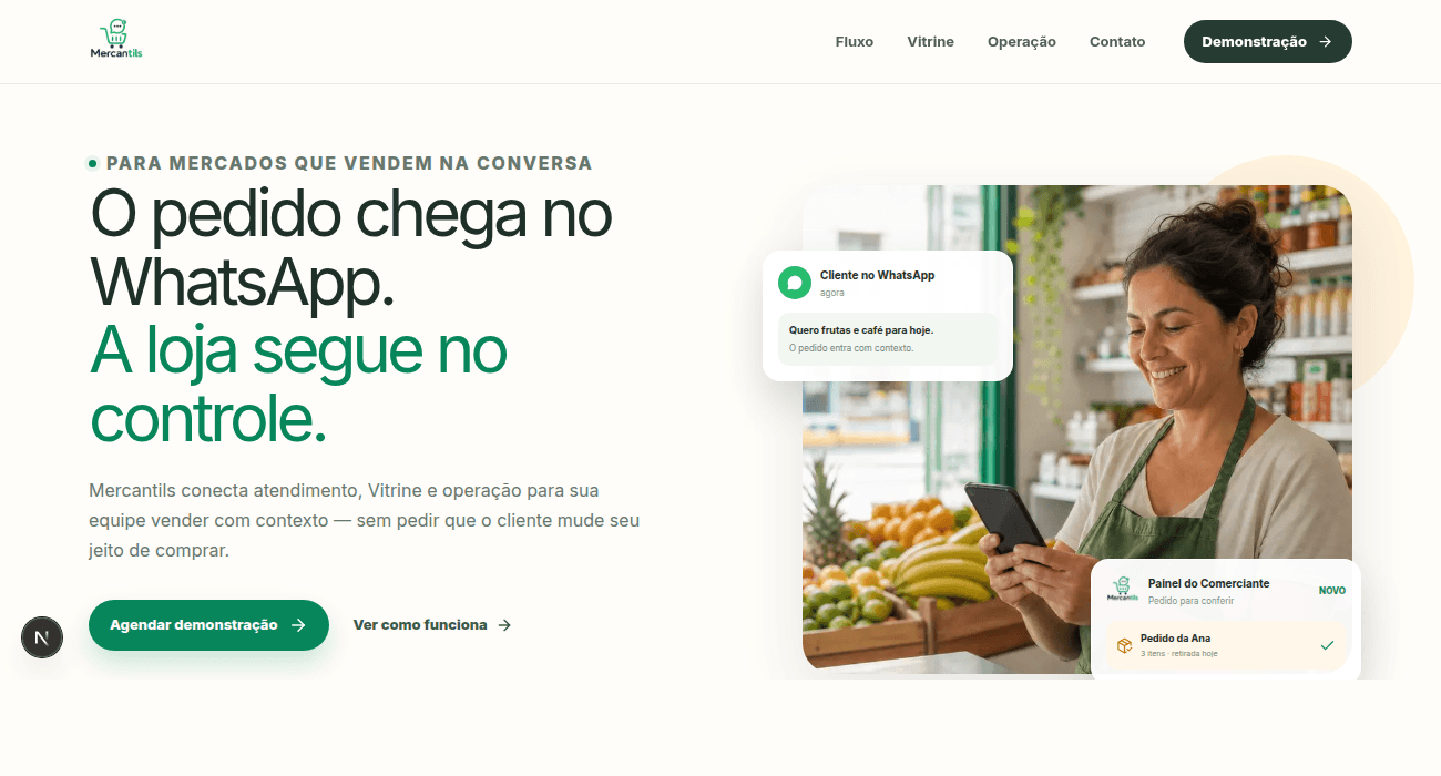 Preview da landing page do Mercantils com a jornada de atendimento e operação da loja