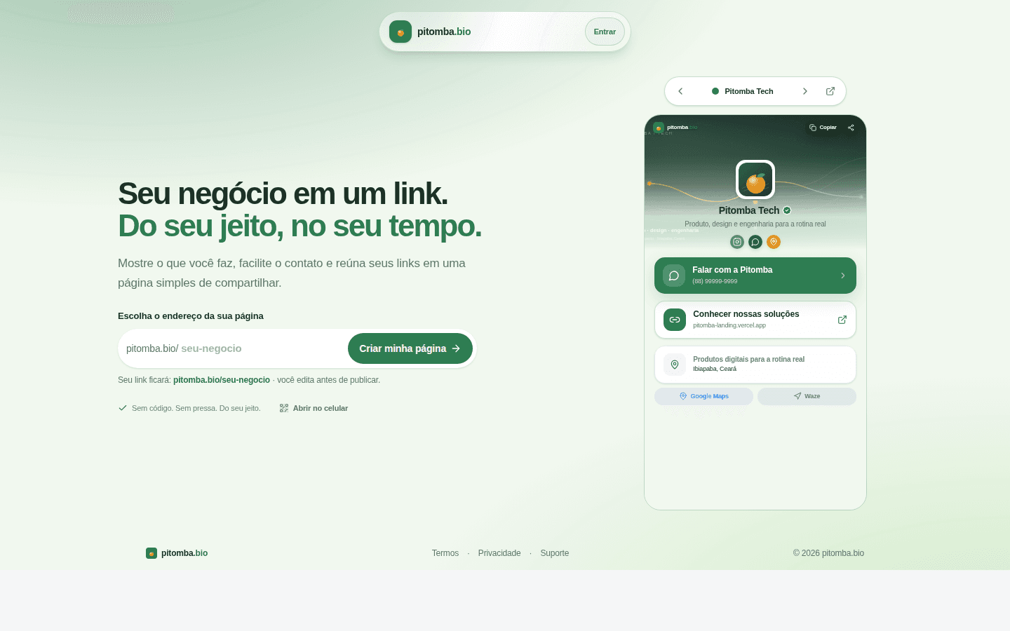 Landing page do Pitomba Bio com preview de uma bio publicada