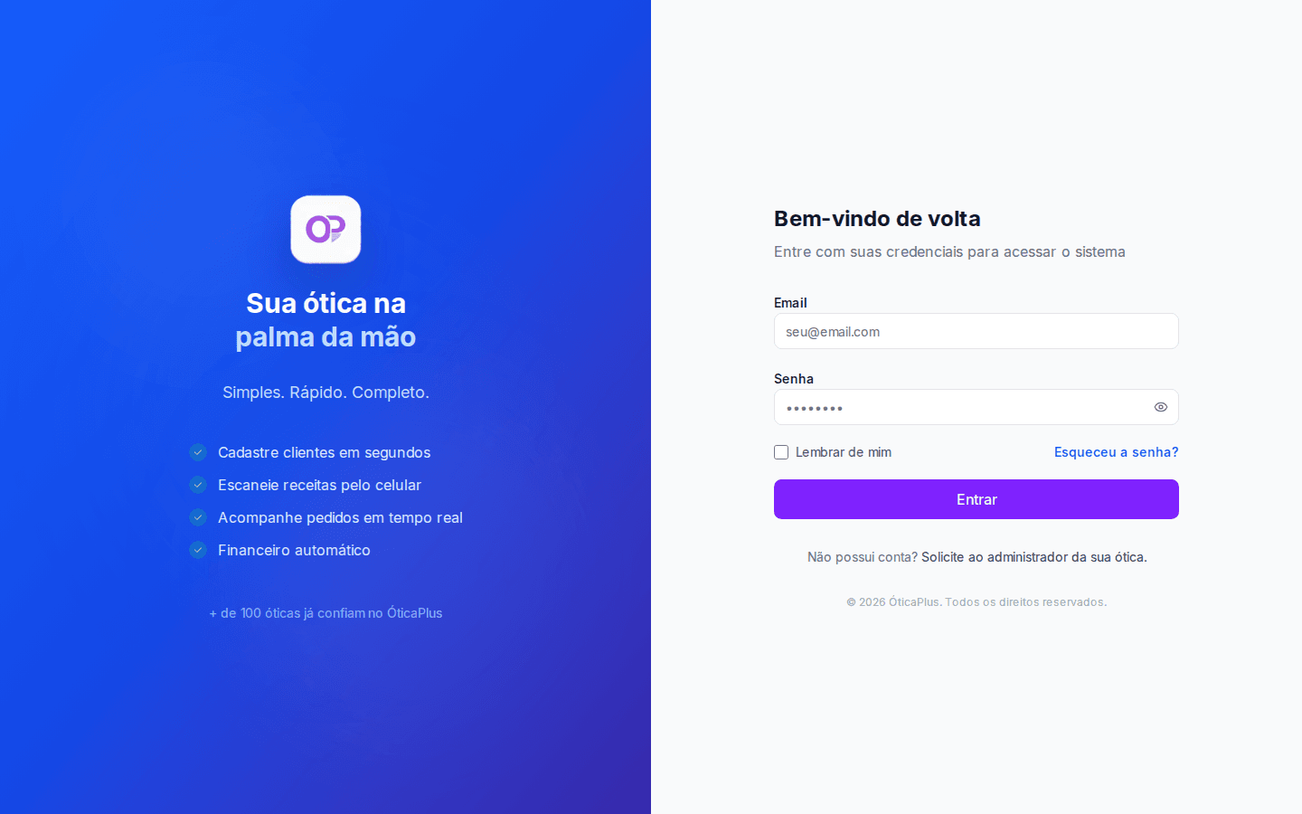 Visão geral do SaaS ÓticaPlus